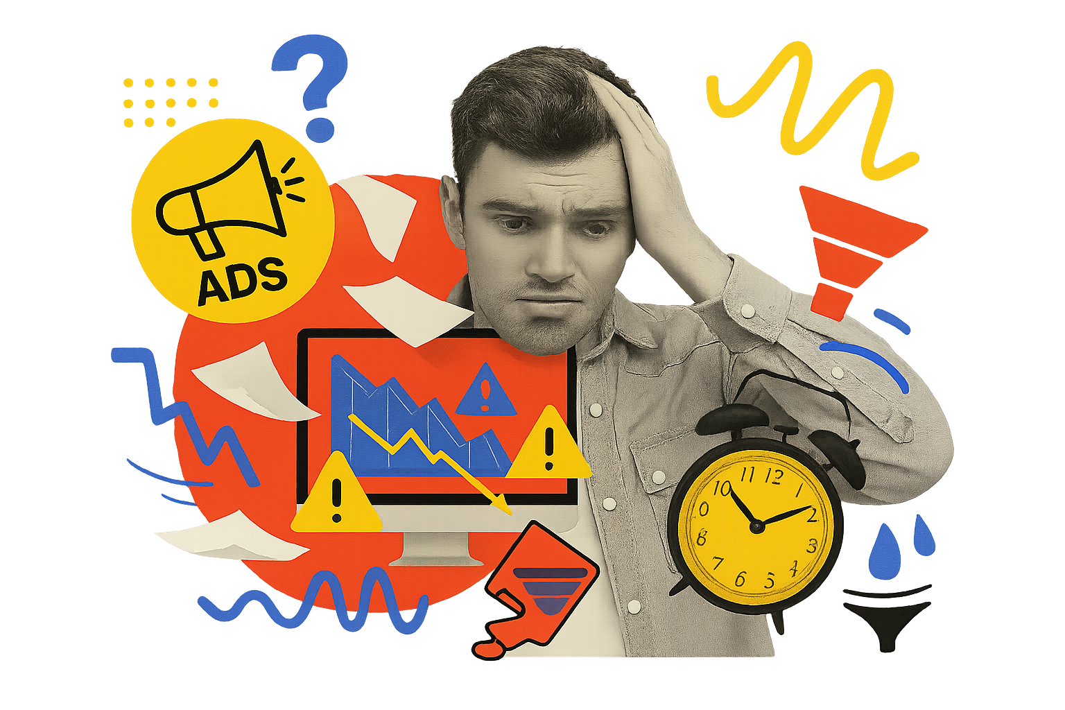 Empresario estresado por desafíos de marketing digital - ADS, métricas decrecientes, falta de tiempo y resultados